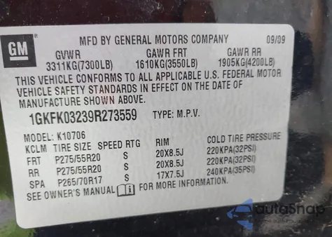 2009 GMC Yukon Denali из США, поврежденный, VIN 1GKFK03239R273559